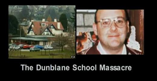 Scoutledaren Thomas Hamilton beväpnade sig med fyra pistoler den trettonde Mars, 1996, och sköt ihjäl 16 förskolebarn och en lärare på en skola i skotska Dunblane. Därefter tog han sitt eget liv. Scoutledaren Thomas Hamilton beväpnade sig med fyra pistoler den trettonde Mars, 1996, och sköt ihjäl 16 förskolebarn och en lärare på en skola i skotska Dunblane. Därefter tog han sitt eget liv.